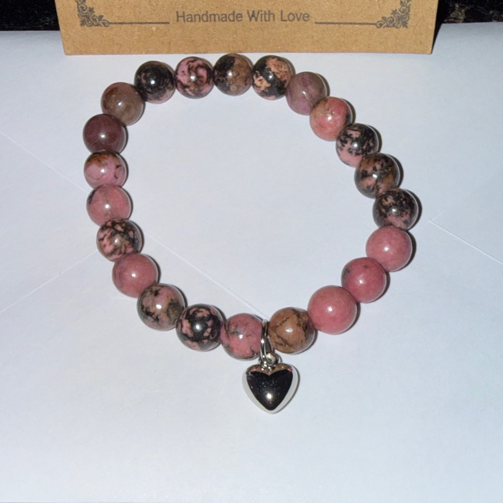 Pink and Brown Beaded Bracelet with Heart Charm